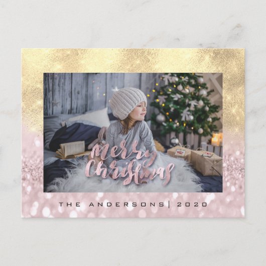 Vrolijk Kerstmis Blush FauxGold Vonk Foto Glitter Briefkaart (Voorkant)