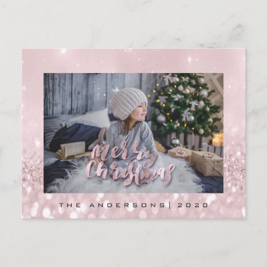 Vrolijk Kerstmis Blush Goud Vonk Foto Glitter Briefkaart (Voorkant)