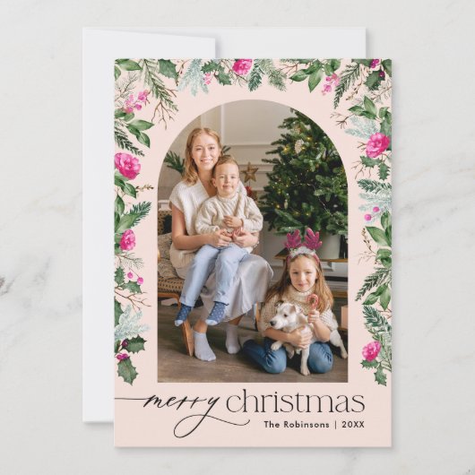 Vrolijk Kerstmis Blush Roze Botanische Boog 1 Foto Feestdagenkaart (Voorkant)