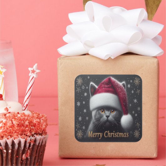 Vrolijk Kerstmis Bombay Kat, Kerstman Bombay Kat Vierkante Sticker (Feest)