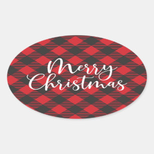 Vrolijk Kerstmis Buffel Plaid Classic Ronde Sticke Ovale Sticker