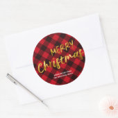 Vrolijk Kerstmis Buffel Plaid en Gouden Folie Scri Ronde Sticker (Envelop)