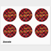 Vrolijk Kerstmis Buffel Plaid en Gouden Folie Scri Ronde Sticker (Vel)