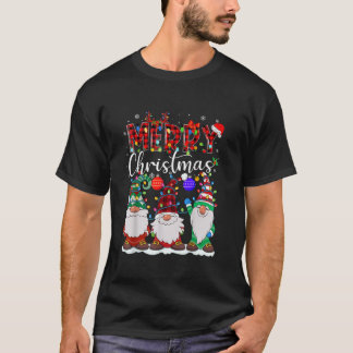 Vrolijk Kerstmis Buffel Plaid Rode Santa Hoed Gnom T-shirt