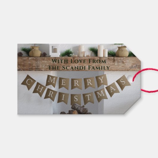 Vrolijk Kerstmis Bunting Open haard Custom Holiday Cadeaulabel (Voorkant (Horizontaal))
