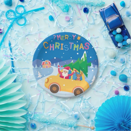 Vrolijk Kerstmis Cartoon Santa Rendier Auto Papieren Bordje (Feest)
