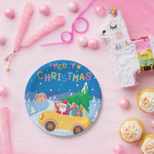 Vrolijk Kerstmis Cartoon Santa Rendier Auto Papieren Bordje (Feest)