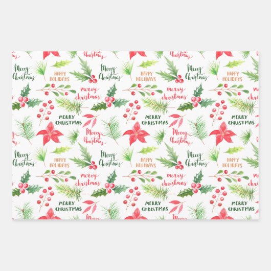 Vrolijk Kerstmis Chic Bloemen Waterverf Poinsettia Inpakpapier Vel (Voorkant)