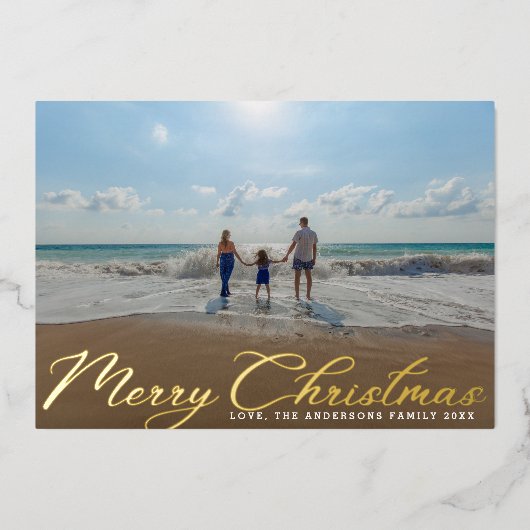 Vrolijk Kerstmis Classic Traditioneel Goud 1 Foto Folie Feestdagenkaart (Voorkant)