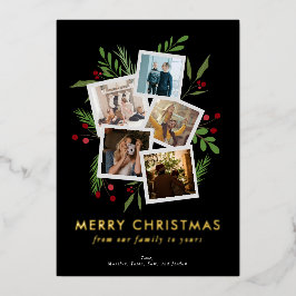 Vrolijk Kerstmis Collage Zwart Modern Holly Folie Feestdagenkaart