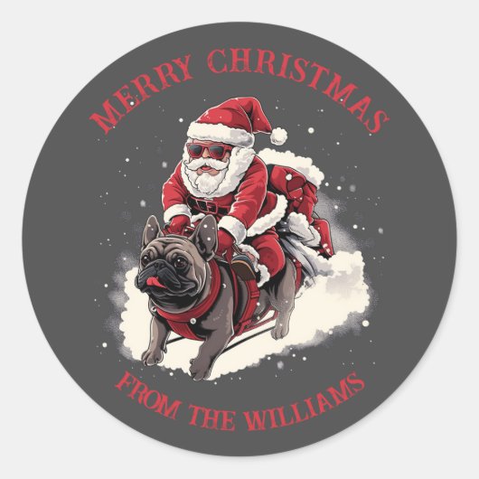 Vrolijk Kerstmis Cool Santa Claus Franse Bulldog Ronde Sticker (Voorkant)