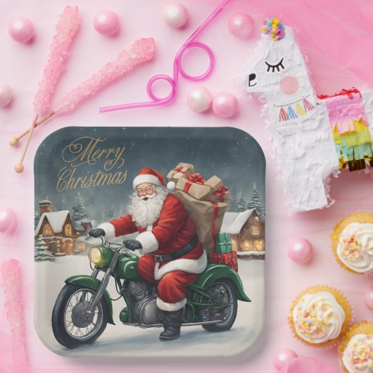 Vrolijk Kerstmis Cool  Santa op Motorcycle Papieren Bordje (Feest)