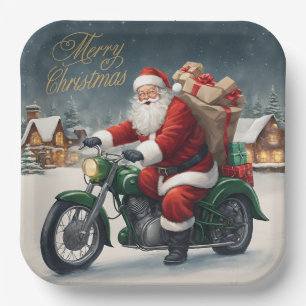 Vrolijk Kerstmis Cool Santa op Motorcycle Papieren Bordje