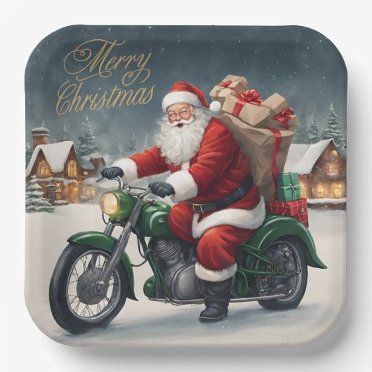 Vrolijk Kerstmis Cool  Santa op Motorcycle Papieren Bordje (Voorkant)