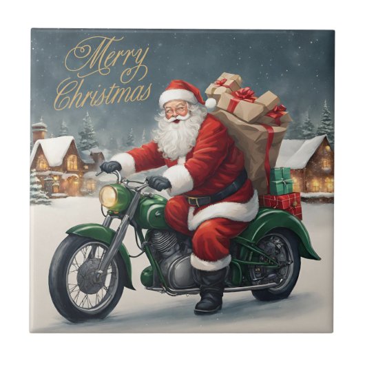 Vrolijk Kerstmis Cool  Santa op Motorcycle Tegeltje (Voorkant)
