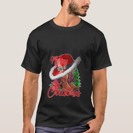 Vrolijk Kerstmis Cowboy Laarzen Kerstboom Lichten T-shirt (Voorkant)