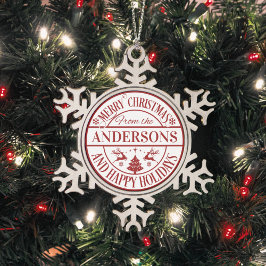 Vrolijk Kerstmis Custom Familienaam Traditioneel Tin Sneeuwvlok Ornament