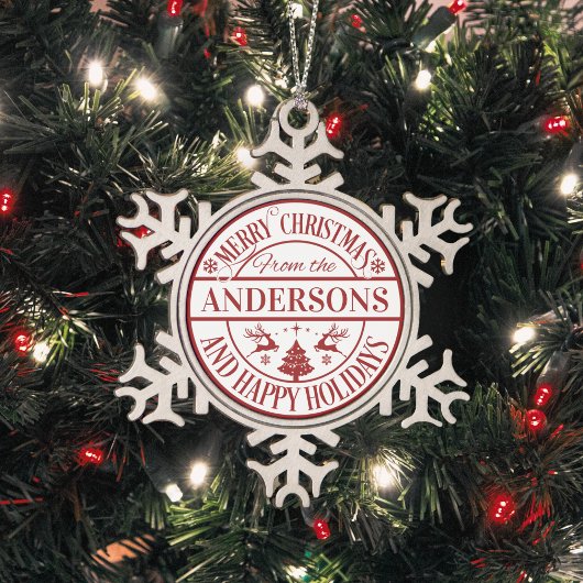 Vrolijk Kerstmis Custom Familienaam Traditioneel Tin Sneeuwvlok Ornament