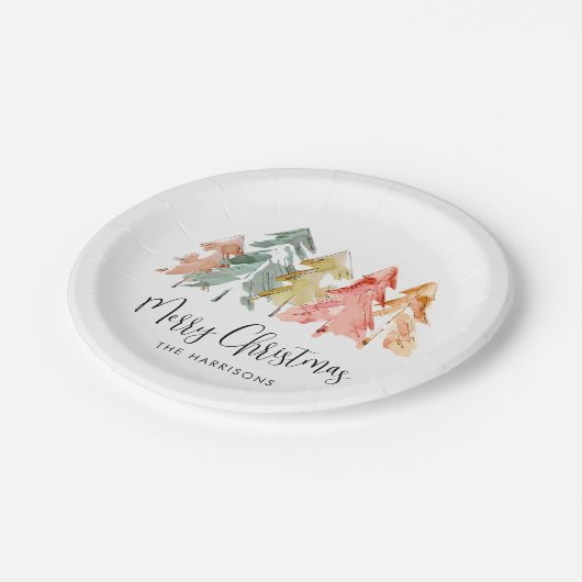 Vrolijk Kerstmis dennenboom Waterverf vakantie Papieren Bordje (Gekanteld)