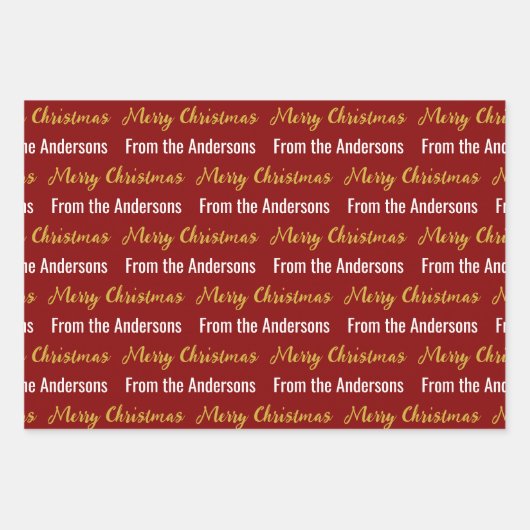 Vrolijk Kerstmis Diep Rood Wit Goud Script Naam Inpakpapier Vel (Voorkant)