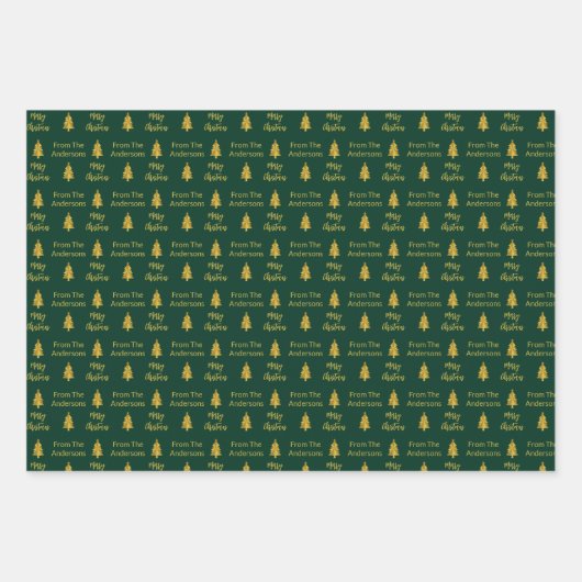 Vrolijk Kerstmis Donker Groen en Gouden Namen Bome Inpakpapier Vel (Voorkant)