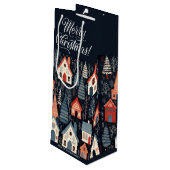 Vrolijk Kerstmis | Donkerblauw Kerstmis dorp Wijn Cadeautas (Achterkant Gekanteld)