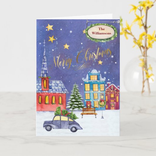 Vrolijk Kerstmis Dorpsnaam Sneeuw Kaart (Gele Bloem)