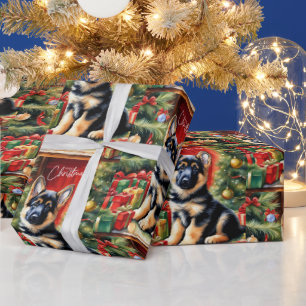 Vrolijk Kerstmis Duitse Herder Puppy Cadeaupapier