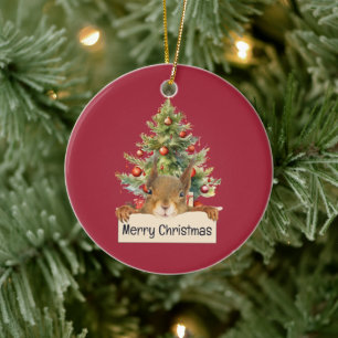 Vrolijk Kerstmis Eekhoorn Kerstboom bewerkbaar Keramisch Ornament