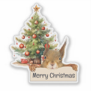 Vrolijk Kerstmis Eekhoorn Kerstboom bewerkbaar Sticker