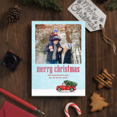 Vrolijk Kerstmis Één Foto Rode Vrachtwagen Feestdagenkaart
