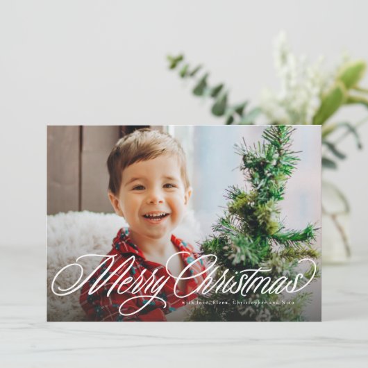 Vrolijk Kerstmis eenvoudig klassiek script twee fo Feestdagenkaart (Staand voorkant)