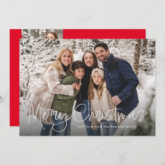 Vrolijk Kerstmis eenvoudig script rood vier foto Feestdagenkaart (Voorkant / Achterkant)
