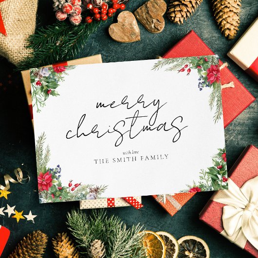 Vrolijk Kerstmis Eenvoudig Script Winter gebladert Feestdagenkaart