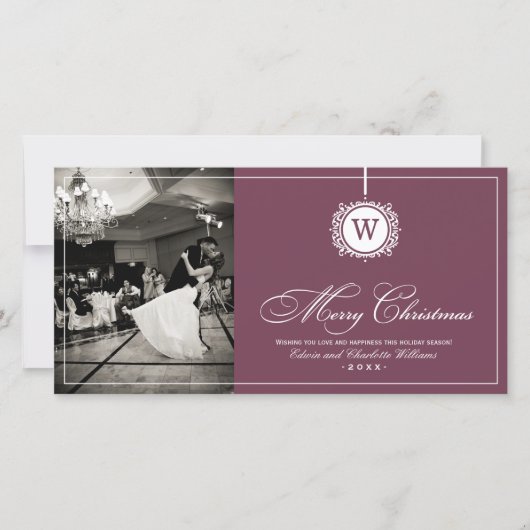 Vrolijk Kerstmis Elegant Bourgondië Monogram Foto Feestdagenkaart (Voorkant)
