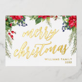 Vrolijk Kerstmis Elegant Goud Script Bloemen Blad Folie Feestdagenkaart (Voorkant)