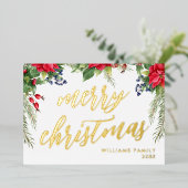 Vrolijk Kerstmis Elegant Goud Script Bloemen Blad Folie Feestdagenkaart (Staand Voorkant)