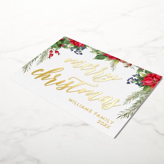 Vrolijk Kerstmis Elegant Goud Script Bloemen Blad Folie Feestdagenkaart (Gedraaid)