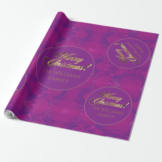 Vrolijk Kerstmis Elegant Goud Script Paarse Cadeaupapier (Uitgerold)