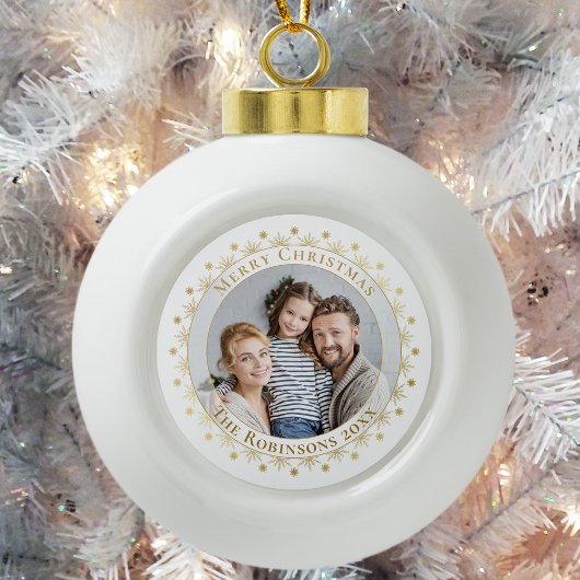 Vrolijk Kerstmis Elegant Goud Sneeuwvlok Foto Keramische Bal Ornament