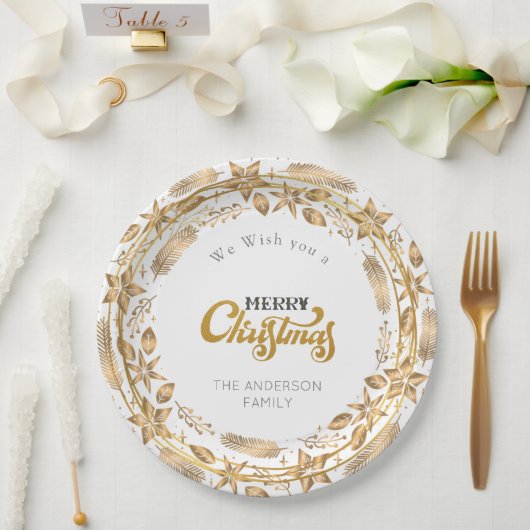 Vrolijk Kerstmis Elegant Gouden Boog Witboek Plat Papieren Bordje (Huwelijk)