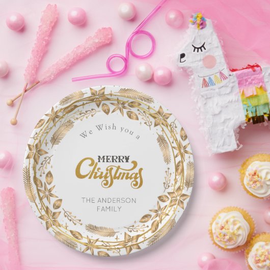 Vrolijk Kerstmis Elegant Gouden Boog Witboek Plat Papieren Bordje (Feest)