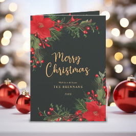 Vrolijk Kerstmis Elegant Groen Rood Botanisch Feestdagen Kaart