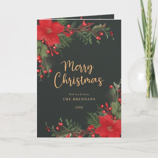 Vrolijk Kerstmis Elegant Groen Rood Botanisch Feestdagen Kaart (Voorkant)