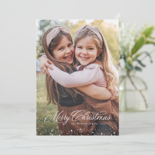 Vrolijk Kerstmis elegant script rood een foto snee Feestdagenkaart (Staand voorkant)