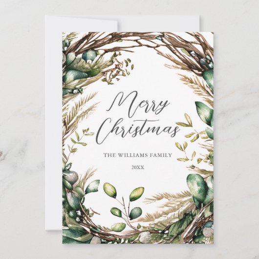 Vrolijk Kerstmis Elegant Script Rustiek Botanisch Feestdagenkaart (Voorkant)