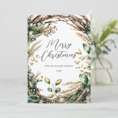 Vrolijk Kerstmis Elegant Script Rustiek Botanisch Feestdagenkaart (Staand voorkant)