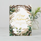 Vrolijk Kerstmis Elegant Script Rustiek Botanisch Folie Feestdagenkaart (Staand Voorkant)