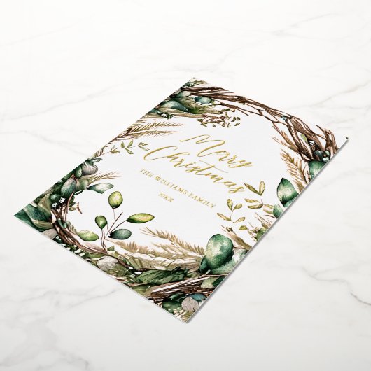 Vrolijk Kerstmis Elegant Script Rustiek Botanisch Folie Feestdagenkaart (Gedraaid)