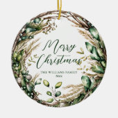 Vrolijk Kerstmis Elegant Script Rustiek Botanisch Keramisch Ornament (Voorkant)